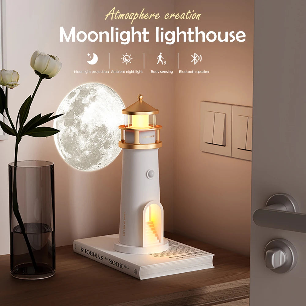 Moon Projection Night Lights Lighthouse Ambient Lights Dimmable Bluetooth Music Motion Sensor Desktop Decor Light Christmas Gift